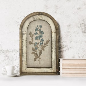 Floral Wall Art | Farmhouse Decor | Arch Window Frame | Linen Wall Hanging | Blue Wild Indigo Flower