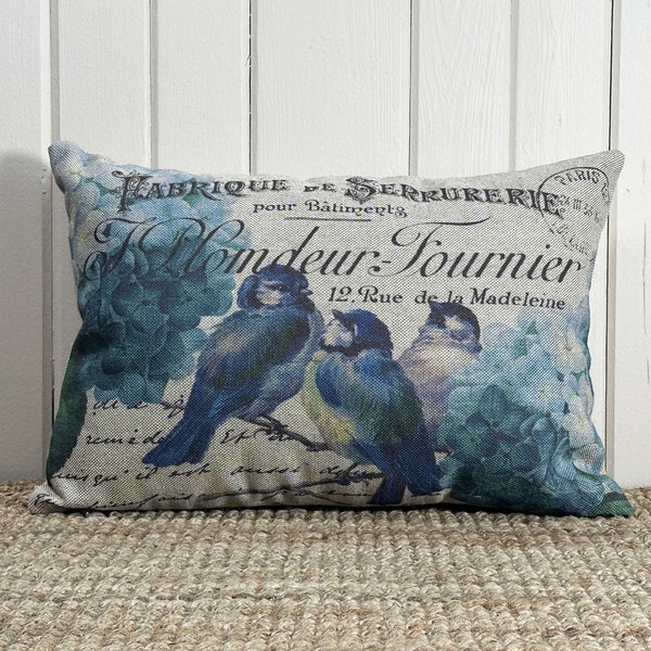 Blue Birds Throw Pillow | Modern Farmhouse Decor | Shabby Chic Lumbar Pillow | Country Pillow | 18" W x 12" H |