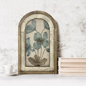 Botanical Wall Decor | Farmhouse Decor | Arch Window Frame | Linen Wall Hanging | Blue Poppy Flower