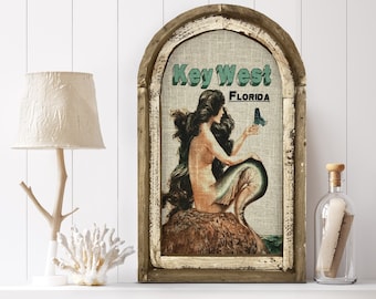 Key West, Florida Wall Art | Florida Postcard | Coastal Wall Decor | Mermaid Wall Art | Beach House | Wood & Linen Wall Art |