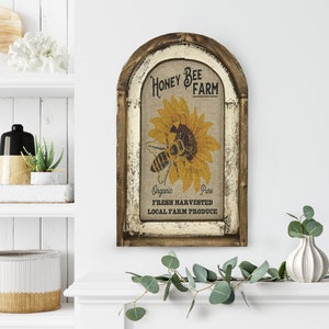 Cuadro de abeja melífera / 35,5 x 56 cm / Marco de ventana arqueado / Tapiz de lino / Decoración rústica de granja /