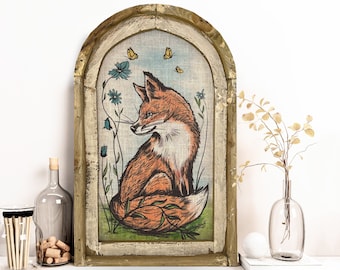 Red Fox Wall Art | 14" x 22" | Woodland Spring Decor | Linen Wall Hanging | Rustic Farmhouse Decor |