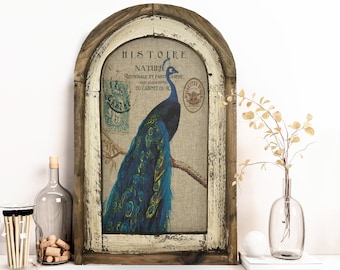 Peacock Wall Art | 14" x 22" | Arch Window Frame | Linen Wall Hanging | Rustic Farmhouse Decor |