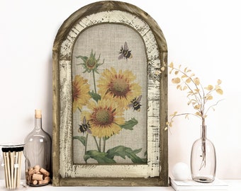 Sunflower Wall Art | Arch Window Frame | Linen Wall Hanging | Honey Bee Decor |