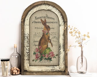 Rabbit Wall Art | 14" x 22" | Arch Window Frame | Linen Wall Hanging | French Farmhouse Decor |