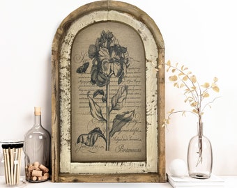 Botanical Wall Art | 14" x 22" | Arch Window Frame | Linen Wall Hanging | French Farmhouse Decor |