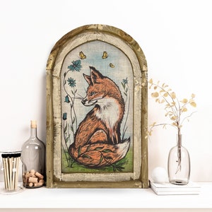 Red Fox Wall Art | 14" x 22" | Woodland Spring Decor | Linen Wall Hanging | Rustic Farmhouse Decor |