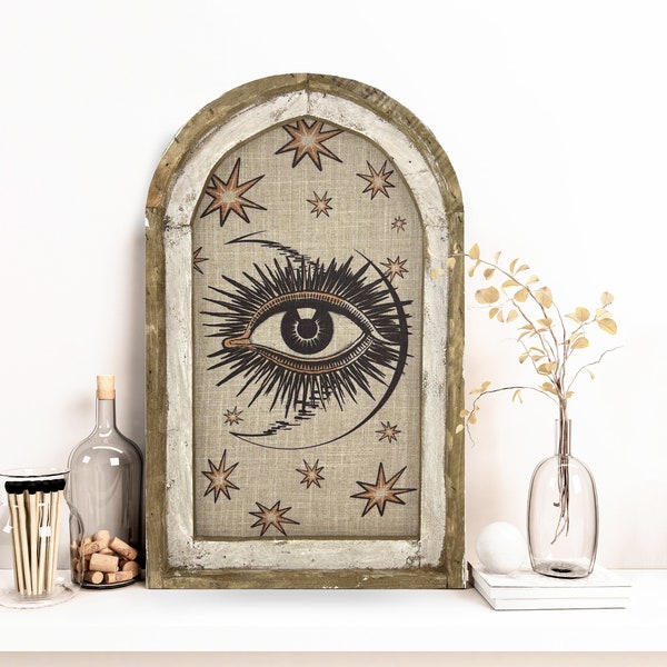 Eye Starburst Wall Art | 14" x 22" | Handmade Eclectic Decor | Linen & Wood Wall Hanging | Psychic | Surreal Wall Art