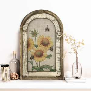Sunflower Wall Art | Arch Window Frame | Linen Wall Hanging | Honey Bee Decor |