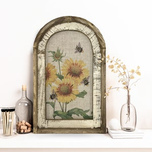 Sunflower Wall Art | Arch Window Frame | Linen Wall Hanging | Honey Bee Decor |