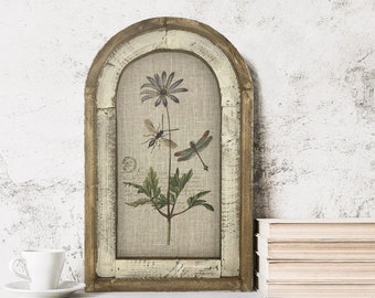 Dragonfly Wall Decor | French Farmhouse Decor | Arch Window Frame | Botanical Wall Hanging |
