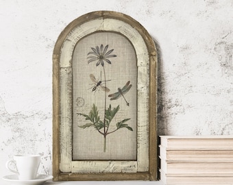 Dragonfly Wall Decor | French Farmhouse Decor | Arch Window Frame | Botanical Wall Hanging |