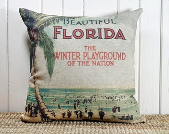Florida Throw Pillow | Coastal Decor | Nautical Cushion | Linen & Cotton Blend | Florida Postcard