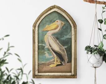Pelican Wall Art | 18" x 30" | Coastal Wall Decor | Cathedral Arch Wood Frame | Handmade Wall Art | Beach House Decor | Audubon