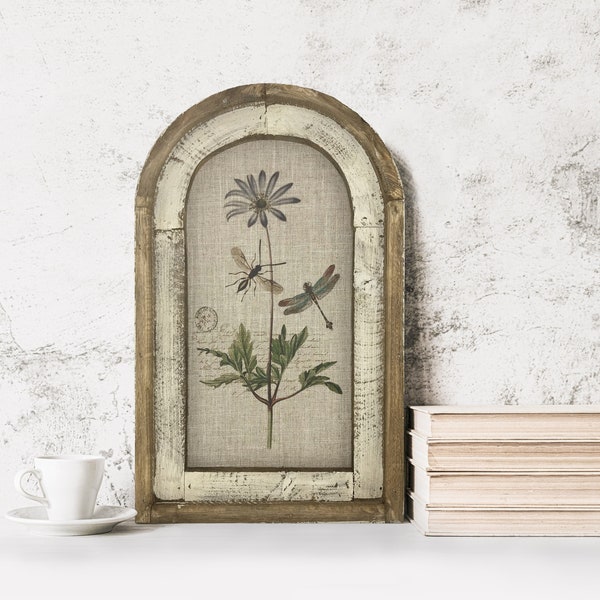 Dragonfly Wall Decor | French Farmhouse Decor | Arch Window Frame | Botanical Wall Hanging |