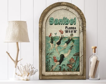 Sanibel, Florida Wall Art | Florida Postcard | Coastal Wall Decor | Mermaid Wall Art | Beach House | Wood & Linen Wall Art |