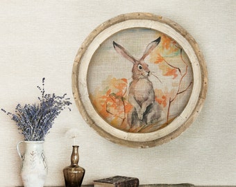 Watercolor Rabbit Wall Art | 20" x 20" | Farmhouse Wall Decor | Linen & Wood Handmade Circular Art | Spring Decor | Woodland