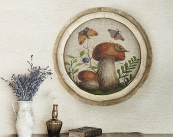 Mushroom Wall Decor | 20" x 20" | Woodland Wall Decor | Linen & Wood Handmade Art | Eclectic Decor | Floral