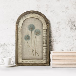 Blue Flowers Wall Decor | Farmhouse Decor | Arch Window Frame | Linen Wall Hanging | Blue Globe Onion Flower