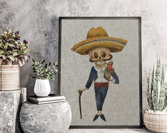 Day of the Dead Linen Art Print | Eclectic Sugar Skull Decor | Boho Wall Art | UNFRAMED Linen Print |