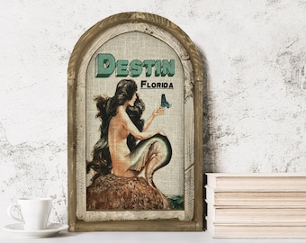 Destin, Florida Wall Art | Florida Postcard | Coastal Wall Decor | Mermaid Wall Art | Beach House | Wood & Linen Wall Art | Butterfly