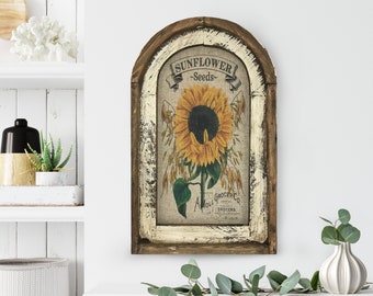 Sunflower Wall Art | 14" x 22" | Arch Window Frame | Linen Wall Hanging | Farmhouse Decor |