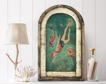 Swimming Wall Art | 14&quot; x 22&quot; | Arch Window Frame | Linen Wall Hanging | Coastal Decor |