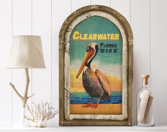 Clearwater, Florida Wall Art | Florida Postcard | Coastal Wall Decor | Pelican Wall Art | Beach House | Wood & Linen Wall Art |