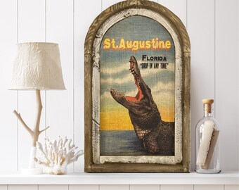 St. Augustine, Florida Wall Art | Florida Postcard | Coastal Wall Decor | Alligator Wall Art | Gator | Wood & Linen Wall Art |