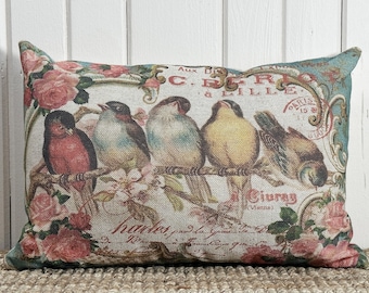 French Birds Throw Pillow | Modern Farmhouse Decor | Shabby Chic Lumbar Pillow | Country Pillow | 18" W x 12" H |