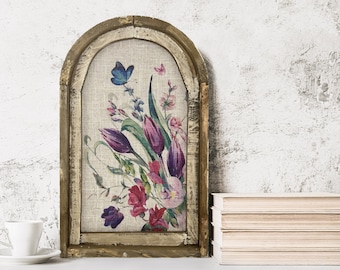 Colorful Floral Wall Decor | Farmhouse Decor | Arch Window Frame | Butterfly Linen Wall Hanging | Pink, Purple, Green