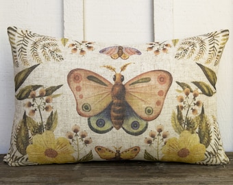 Botanical Butterfly Pillow | Eclectic Lumbar Pillow | Spring Farmhouse Decor | Boho Cushion | 18" x 12" | Insert Included |