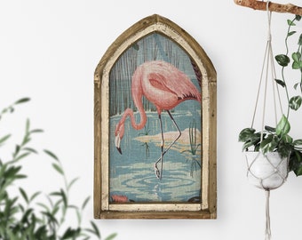 Pink Flamingo Wall Art | 18" x 30" | Coastal Wall Decor | Cathedral Arch Wood Frame | Handmade Wall Art | Beach House Decor | Florida Decor