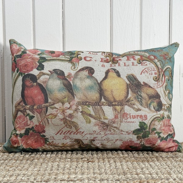 French Birds Throw Pillow | Modern Farmhouse Decor | Shabby Chic Lumbar Pillow | Country Pillow | 18" W x 12" H |
