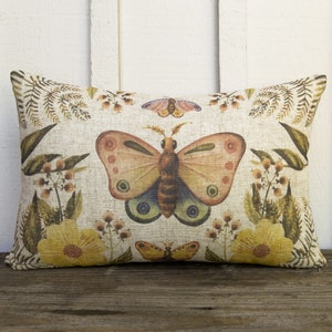 Botanical Butterfly Pillow | Eclectic Lumbar Pillow | Spring Farmhouse Decor | Boho Cushion | 18&quot; x 12&quot; | Insert Included |
