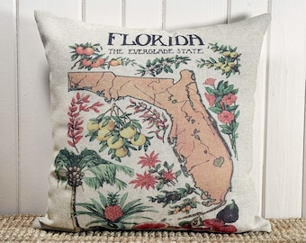 Florida Map Throw Pillow | Coastal Decor | Nautical Cushion | Linen & Cotton Blend | Florida Postcard