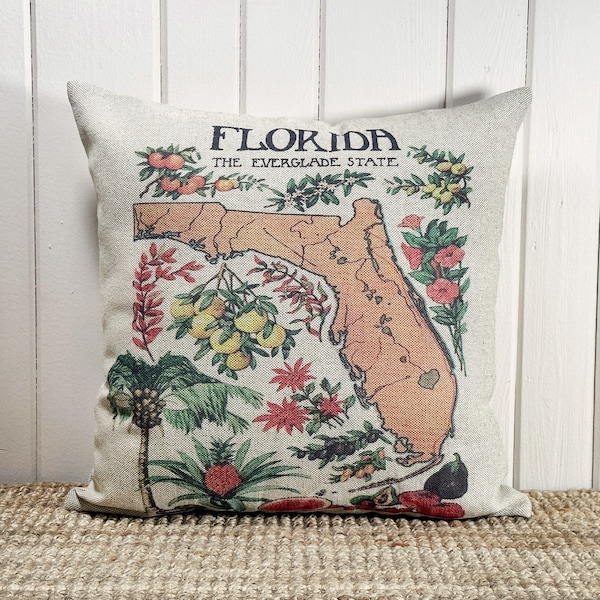 Florida Map Throw Pillow | Coastal Decor | Nautical Cushion | Linen & Cotton Blend | Florida Postcard