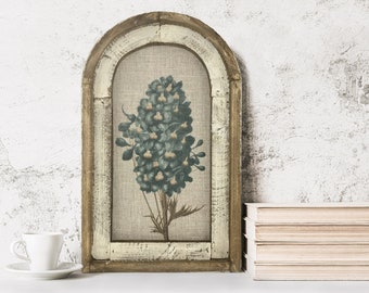 Floral Wall Decor | Farmhouse Decor | Arch Window Frame | Linen Wall Hanging | Blue Delphinium Flower