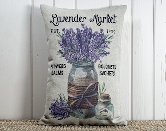 Lavender Market Throw Pillow | Modern Farmhouse Decor | Linen Lumbar Pillow | Grainsack Pillow | 12" W x 18" H |
