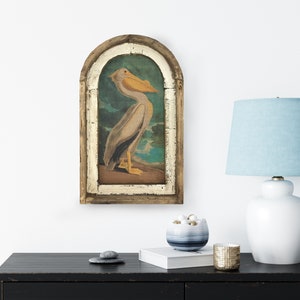 Pelican Wall Art | 14&quot; x 22&quot; | Arch Window Frame | Linen Wall Hanging | Coastal Decor |