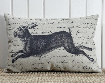 Leaping Bunny Throw Pillow | Farmhouse Decor | Hare Lumbar Pillow | Grainsack Linen Pillow | 18" W x 12" H |