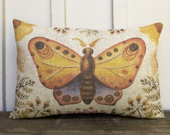 Butterfly Linen Pillow | Eclectic Lumbar Pillow | Spring Farmhouse Decor | Boho Cushion | 18" x 12" | Insert Included |