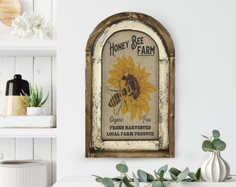 Honey Bee Wall Art | 14" x 22" | Arch Window Frame | Linen Wall Hanging | Rustic Farmhouse Decor |