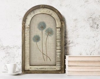 Blue Flowers Wall Decor | Farmhouse Decor | Arch Window Frame | Linen Wall Hanging | Blue Globe Onion Flower