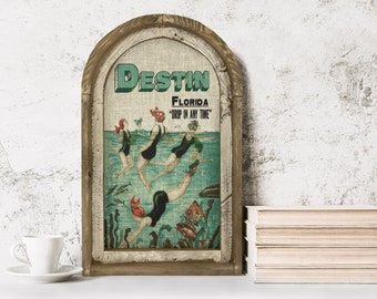 Destin, Florida Wall Art | Florida Postcard | Coastal Wall Decor | Mermaid Wall Art | Beach House | Wood & Linen Wall Art |