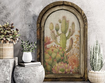 Western Cactus Wall Art | 14" x 22" | Arch Window Frame | Bohemian Wall Hanging | Eclectic Decor