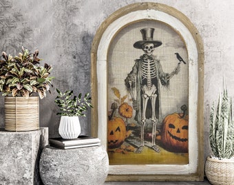 Skeleton Wall Art | Halloween Skeleton Decor | Farmhouse Pumpkin Art | Gothic Wall Art | Eclectic Framed Art | 14" x 22"