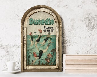Dunedin, Florida Wall Art | Florida Postcard | Coastal Wall Decor | Mermaid Wall Art | Beach House | Wood & Linen Wall Art |
