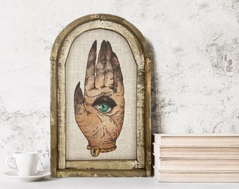 Psychic Hand Wall Art | 14" x 22" | Arch Window Frame | Linen Wall Hanging | Eclectic Decor | Palm Reading