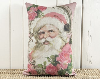 Pink Santa Pillow | Winter Decor | Linen Lumbar Pillow | Xmas Decoration | Nativity | 12" W x 18" H |